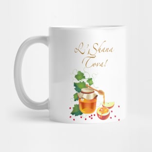 Rosh Hashanah - Jewish New Year. Text "L'Shana Tova!" on Hebrew - Have a sweet year. Honey and apple, pomegranate, exotic flowers green grapes leaves ornaments vintage Judaica Rosh Hashana Mug